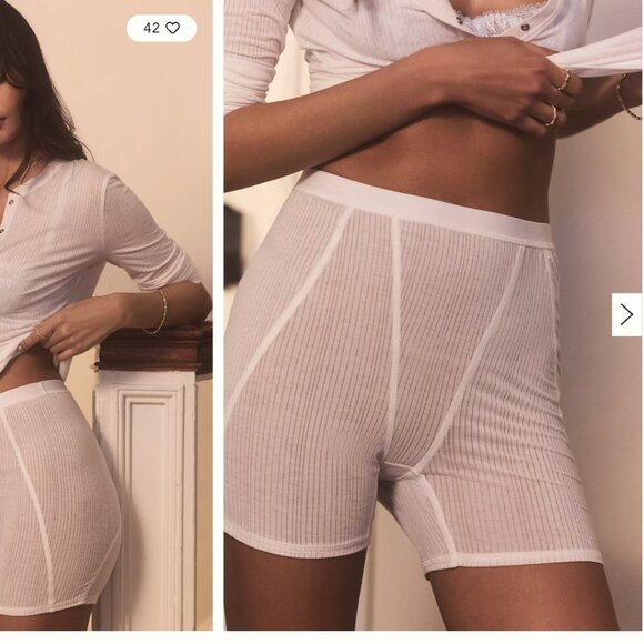 By Anthropologie Ribbed Pajama Set – White – Henley Top + Shorts (NWOT) - small - Picture 6 of 12